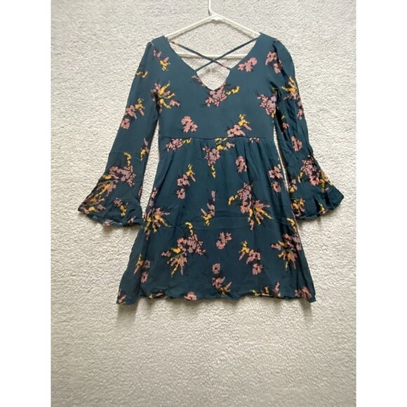 Xhilaration Teal Floral Print Babydoll Dress Small S Long Sleeve Mini Cross Back - Picture 2 of 10